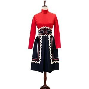 Vintage 1960s Howard Wolf Strawberry Button Ric-Rac Dress Black Red Ivory Size 4